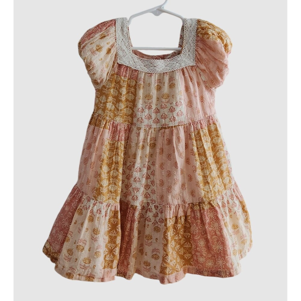 Girls' Boho Patchwork Tiered Dress - Pink & Mustard
